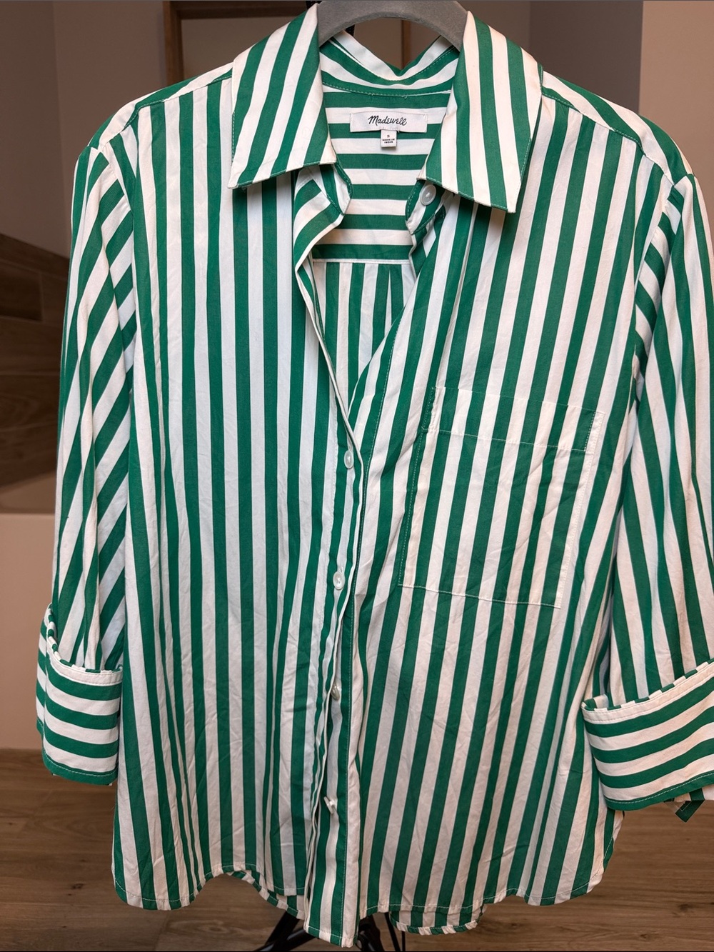 Madewell Green and White Vertical Stripe Button-Down Shirt - Picture 3 of 4